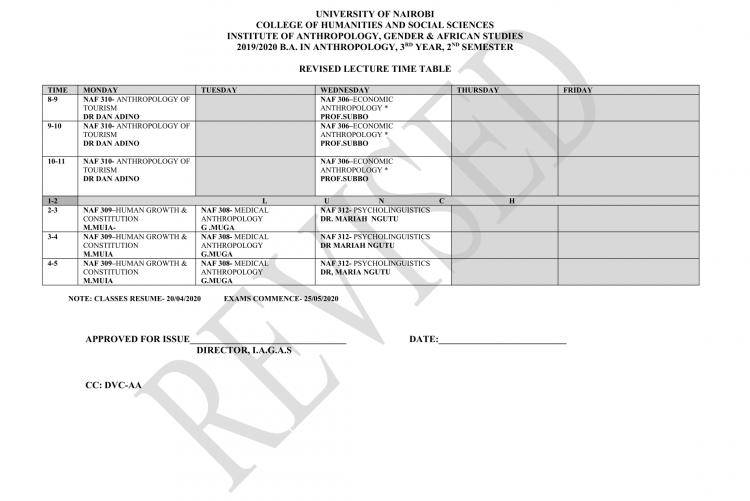Timetable-BA Anthropology-3rd Yr, 2nd Sem-Jan 2020