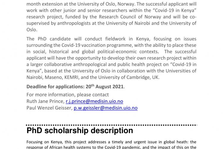 Covid Kenya PhD position Advert